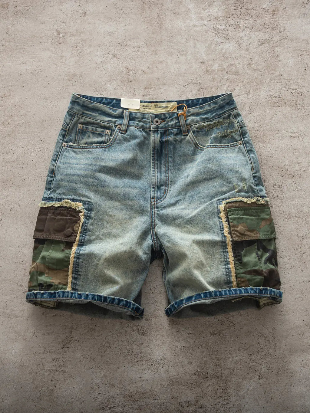Summer New American Retro Camouflage Patch Pocket Denim Shorts Men's Fashion 88% Cotton Washed Old Straight Casual 5-point Pants