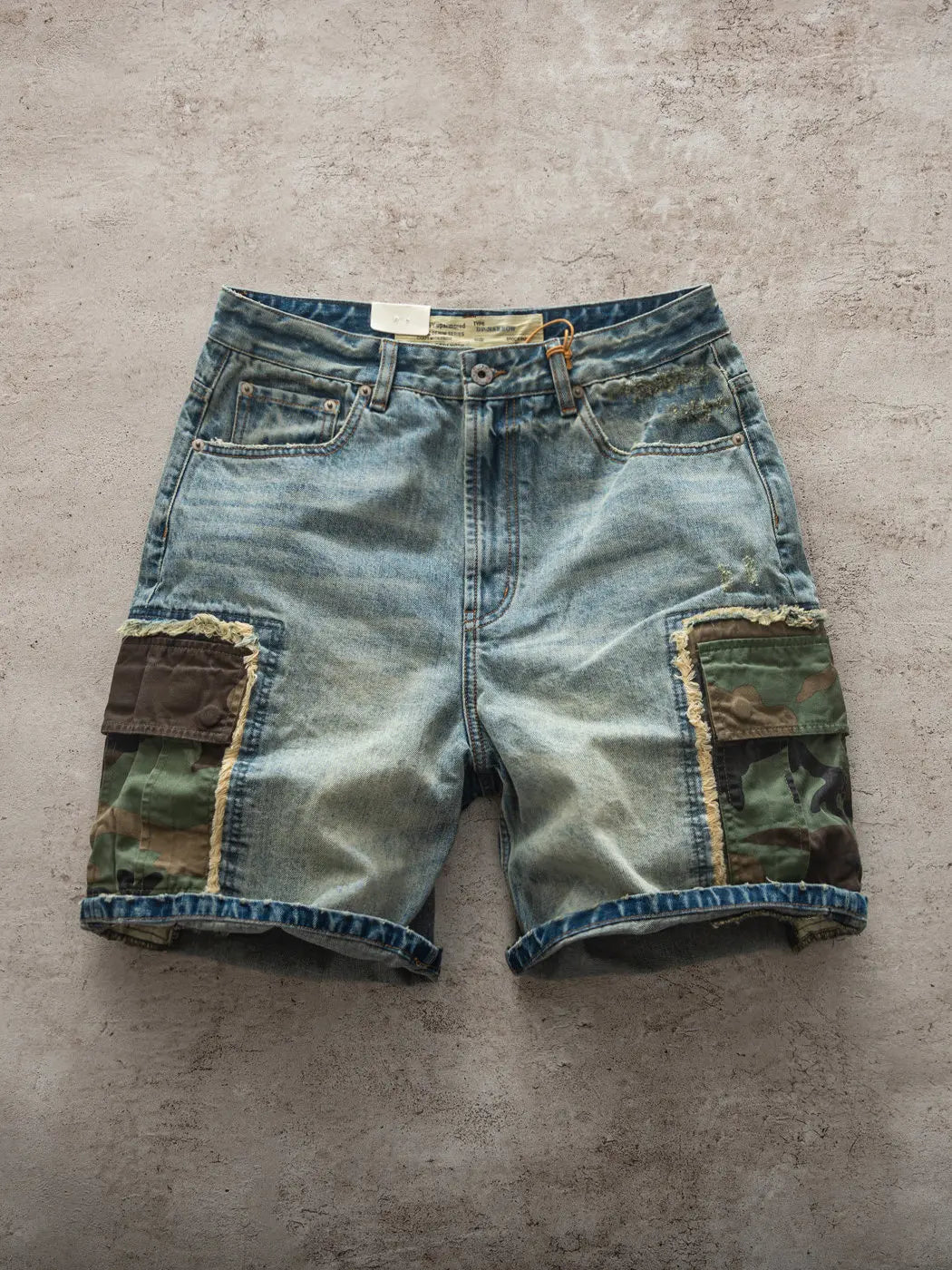 Summer New American Retro Camouflage Patch Pocket Denim Shorts Men's Fashion 88% Cotton Washed Old Straight Casual 5-point Pants