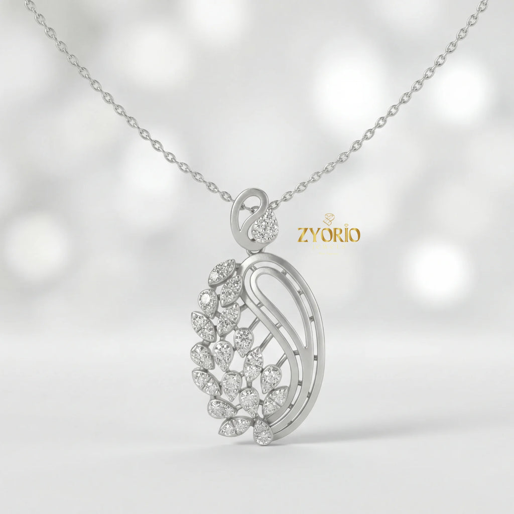 Sterling Silver Paisley Leaf Diamond Pendant Necklace with Link Chain Sparkling Elegant Nature Inspired Jewelry for Women