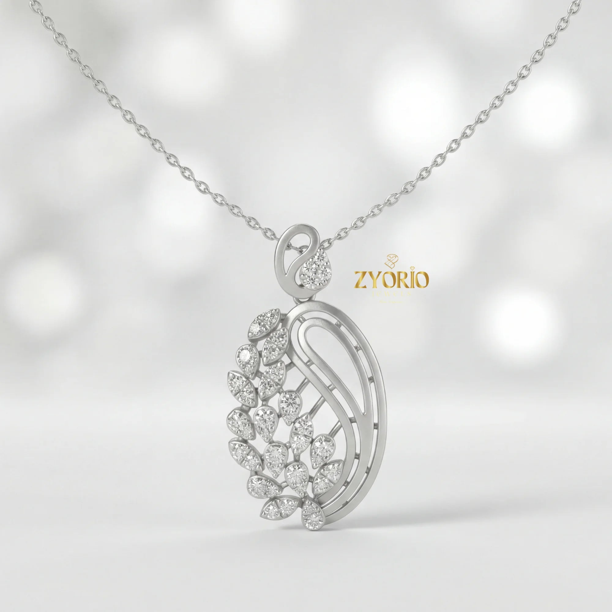 Sterling Silver Paisley Leaf Diamond Pendant Necklace with Link Chain Sparkling Elegant Nature Inspired Jewelry for Women