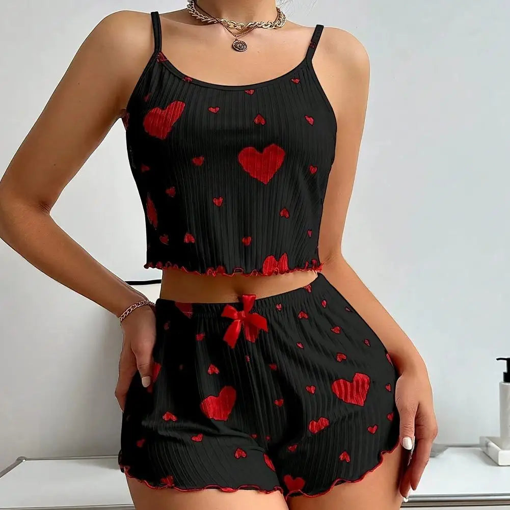 Women 2pcs Pajama Set Spaghetti Strap Ruffle Trim Round Neck Sleeveless Cami & Shorts Spring Summer Fall Coquette Bow Print ﻿
