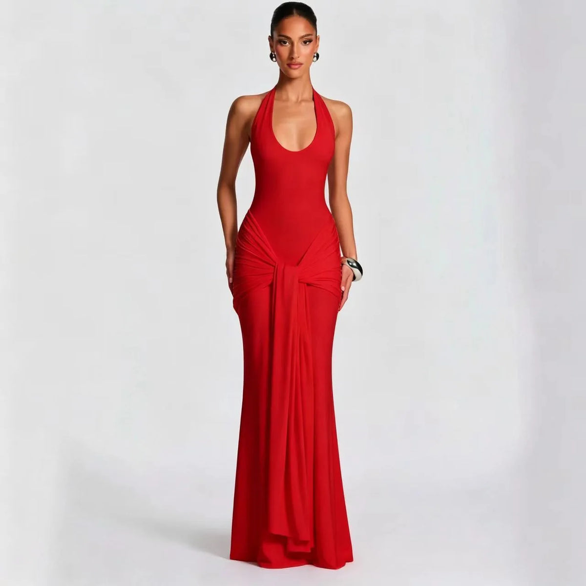 Summer Elegant Evening Dress Women Halter Neck Sleeveless Draped Mermaid Prom Gown Civil Wedding Engagement Party Dress