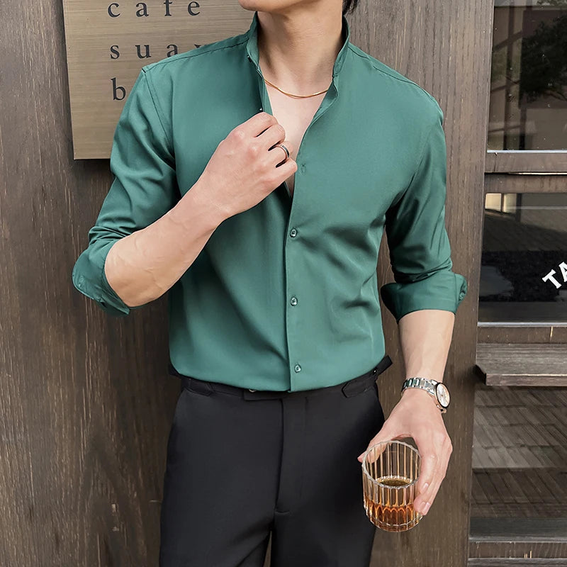 Business Dress white Shirt for Men 2026 British style Long Sleeved Solid Color Casual Elastic Slim Fit Shirt for Men's Clothing