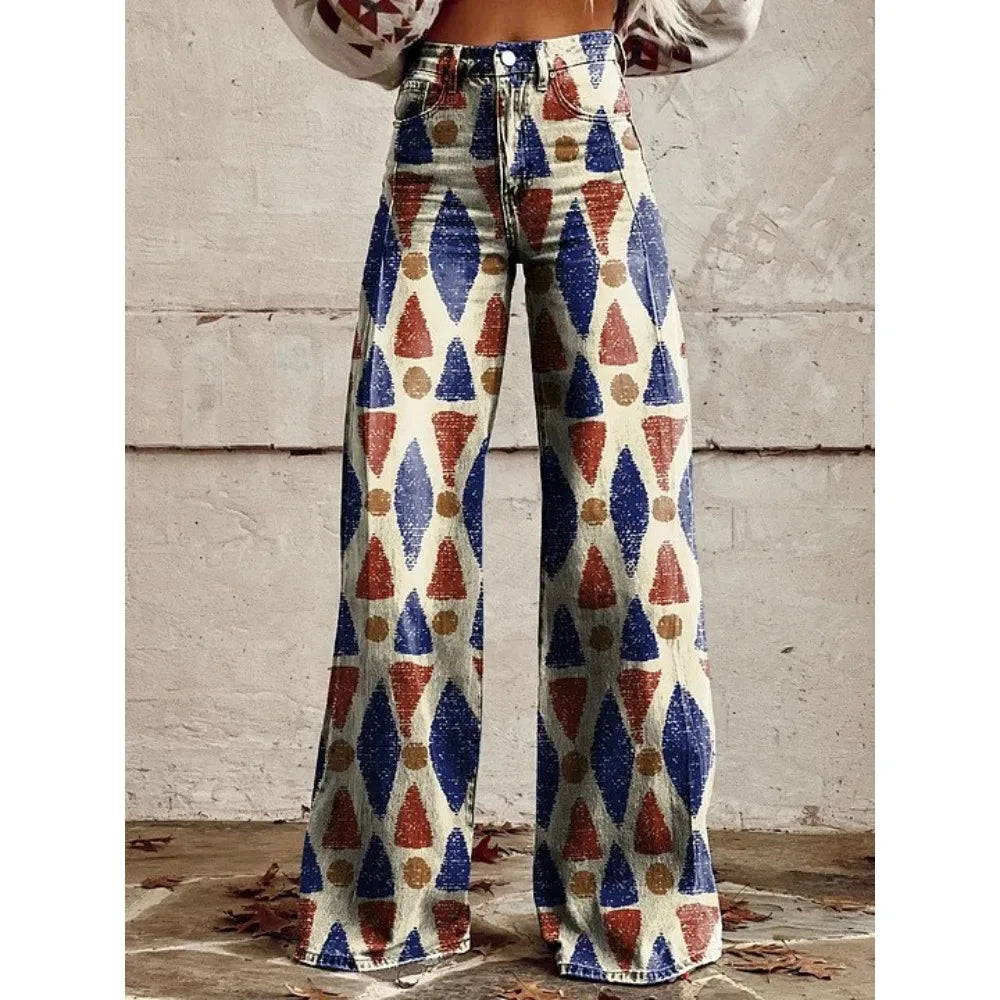 Pink Green Aztec Geometric Print High Waist Wide Leg Pants Cotton Casual Boho Trousers Vintage Women's Western Casual Trousers