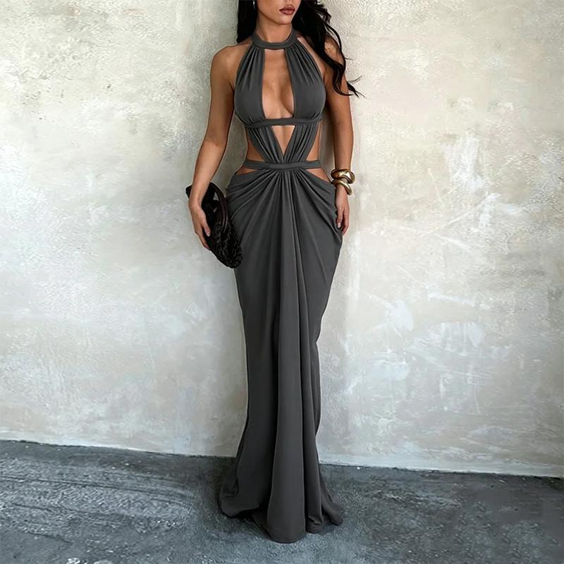 Halter Cut-Out Draped Super-Cut Back Bare Elegant Party Maxi Dress Waistless Backless Sleeveless Khaki Evening Prom Long Dress