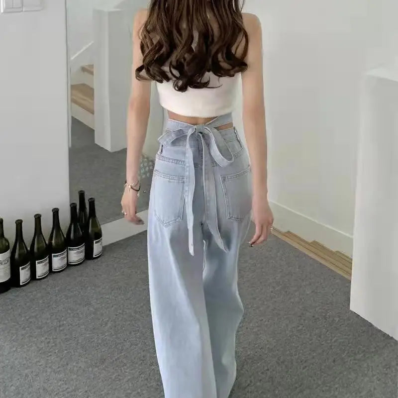 Women's High Waist Baggy Jeans Korean Trendy Loose Wide Leg Denim Pants With Ankle Ties Flowy Floor Length Streetwear