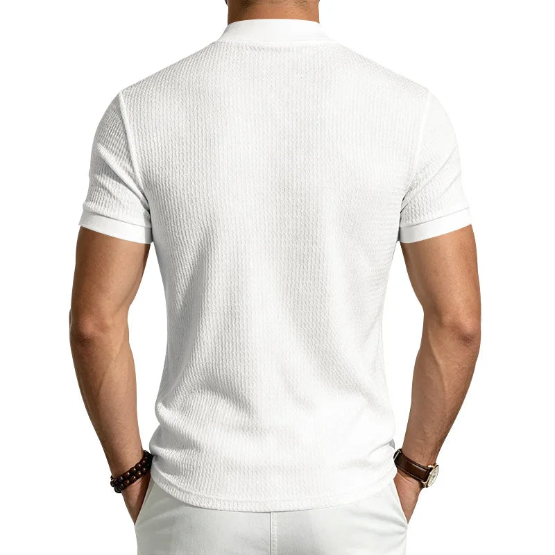 Men Summer Solid Jacquard Textured Mock Neck Short Sleeve T Shirt Slim Fit Simple Versatile Casual Daily Male Basic Tees