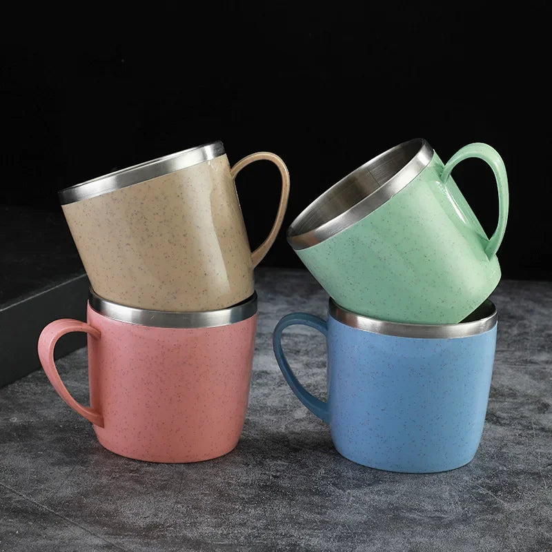 Double Layer Stainless Steel Water Cup Anti-scalding Coffee Milk Mug Tea Drinks Water Cups with Plastic Handle Office Tumbler
