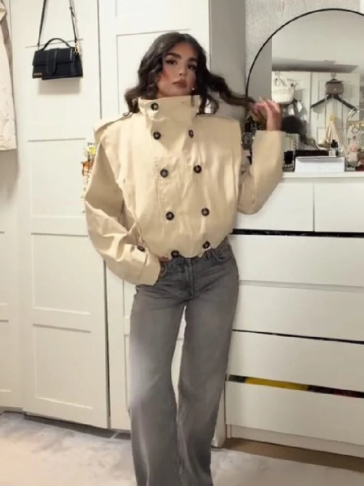 Trendy Stand Collar Cropped Jacket Fashion Double Breasted Long Sleeve Chic Commute Coat 2026 Autumn New Daily Casual Streetwear