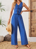 Two Piece Set Women Outfit 2026 Spring New Solid Color V-Neck Sleeveless Lace Up Vest & High Waist Casual Long Pants Set