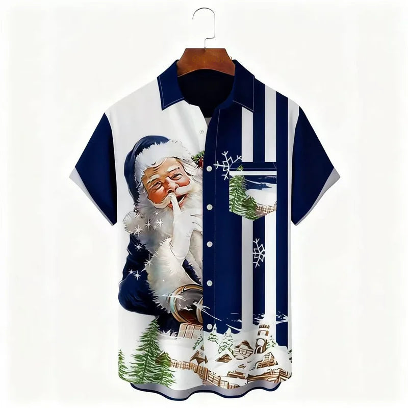 Christmas Men's Santa Claus Print Shirt Daily Wear Autumn Lapel Pocket Shirt Yellow Red Blue Green Fast Shipping