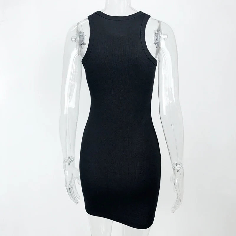 Women's Black Ribbed Bodycon Mini Dress Sexy Sleeveless Vest Club Party Tight Fitting Solid Color Summer Dress
