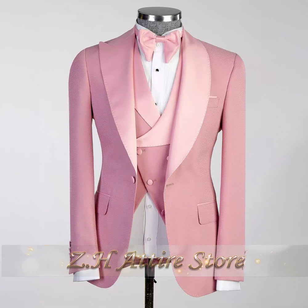 Elegant Pink Men's 3pcs Suit Spliced Satin Lapel Jacket Vest Pants Custom-Made Set for Wedding Groom Cocktail Birthday Party