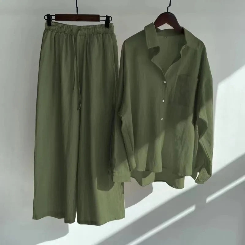 Women's 2-piece set 2026 Spring Autumn New Long sleeved Cotton linen Shirt top+High waisted loose Pants Comfortable Casual Sets