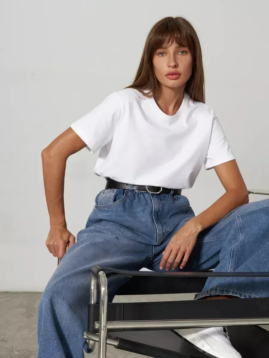 Summer 100% Cotton Women's T-shirt Bottoming Basic Fashionable Lady Short Sleeve Loose Tops Shirts Solid 200g/㎡ Tops