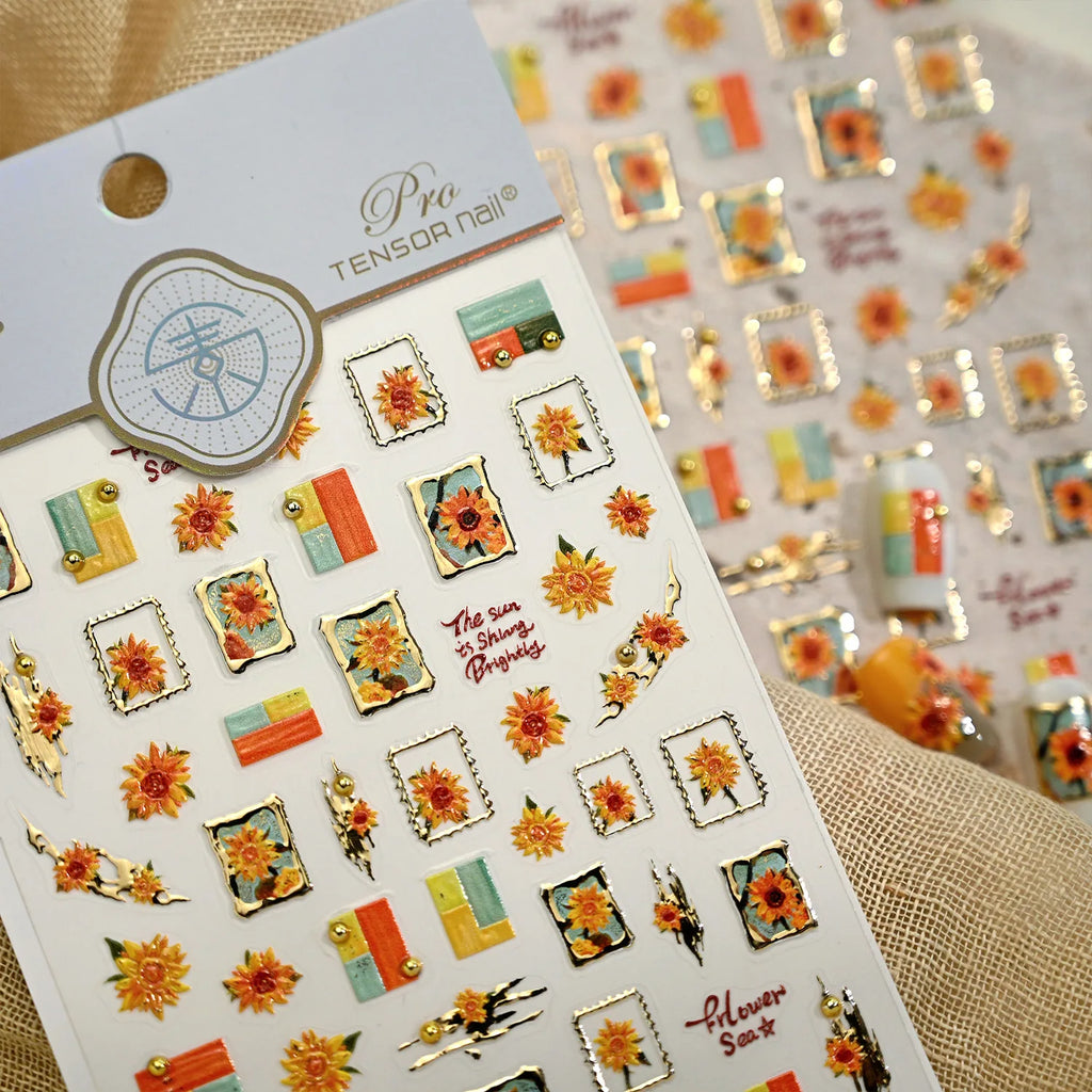 Gold Stamped Frame Oil Painting Style Sunflowers Metal Bead 3D Self Adhesive Nail Art Stickers Autumn Manicure Decals Wholesale