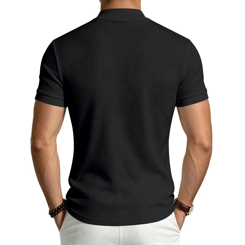 Men Summer Solid Jacquard Textured Mock Neck Short Sleeve T Shirt Slim Fit Simple Versatile Casual Daily Male Basic Tees
