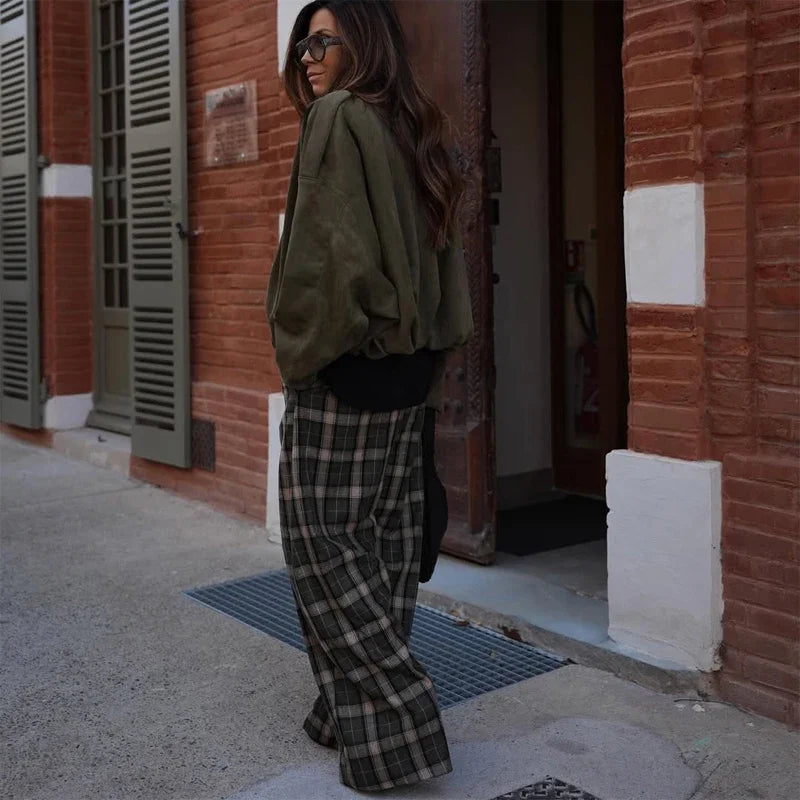 Chic Green Plaid Print Loose Pants Women Casual High Waist Straight Wide Leg Trousers Party Daily Classic Attire 2026 Spring