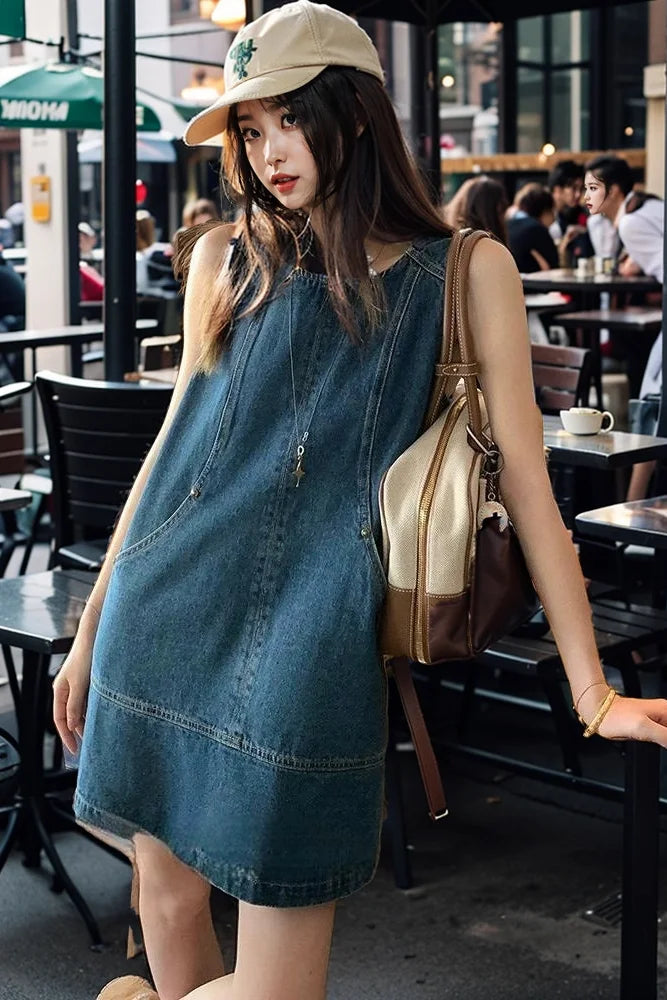 Retro Vest Denim Dress 2025 Summer Fashion Temperament Stitching A Word Street Style Women's Short Skirt