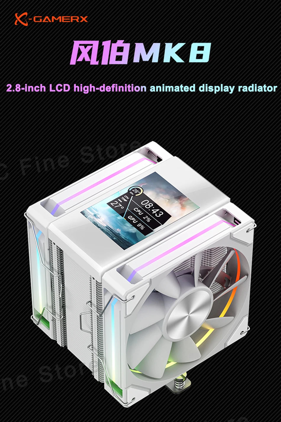 Power Train X-GAMERX MK8 Air Cooling CPU Radiator 6 Heat pipes Radiator ARGB Dual Fan LCD Screen Cooler INTEL LGA1700 1200 AM5