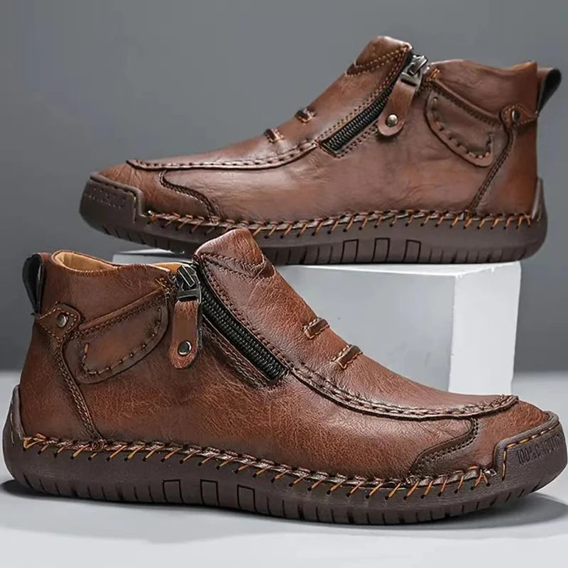 Handmade Leather Casual Shoes for Men Sneakers Men Flat Footwear Zipper Leather Boots Men Ankle Outdoor Walking Plus Size 39-48