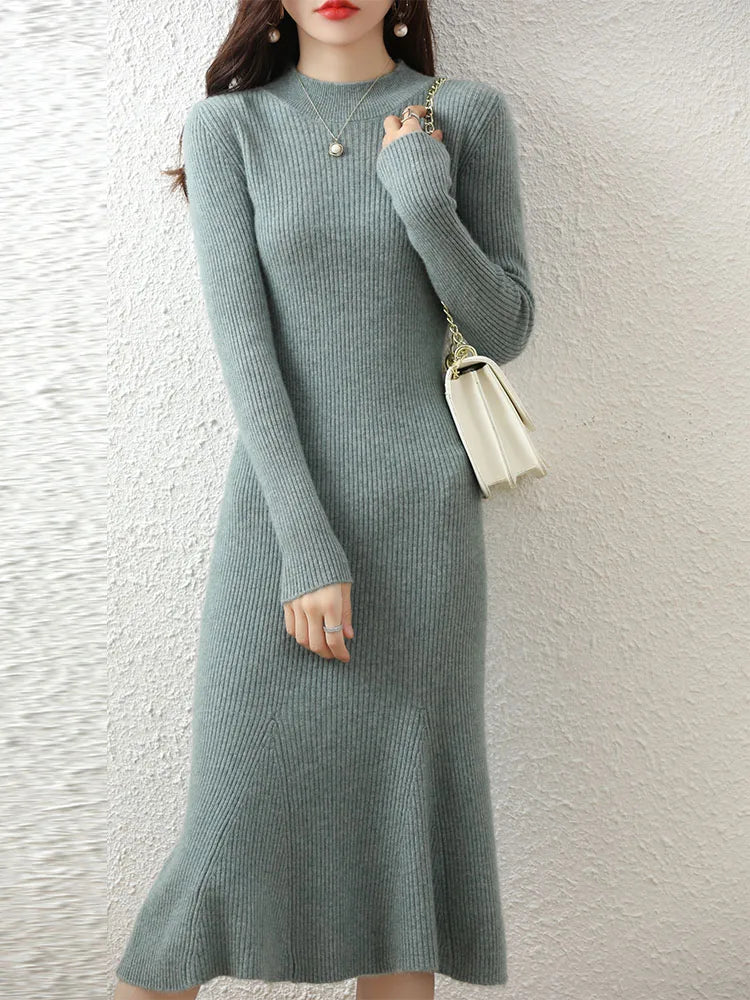 Cashmere Sweater Women's Knitted Dresses 100% Merino Wool O-Neck Elegant Party Dress Autumn Winter Female Pullover Casual Skirts