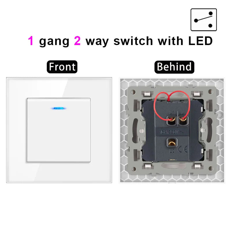 NYWP Luxury Crystal Tempered Glass Panel 1 Gang 2 Way Light Switch On / Off Wall Switch With LED Indicator 16A AC 250V