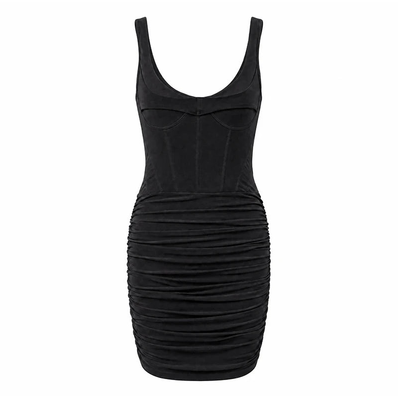 Fashion Slim Fishbone Dress Women Elegant Solid V-neck Sleeveless Pleated Bodycon Mini Dresses 2026 Summer Lady Party Gown