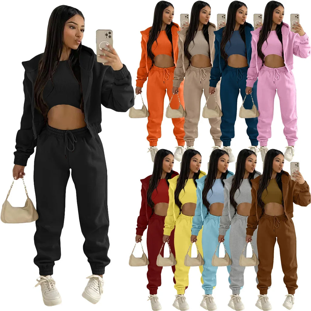 custom women's clothing plain winter hoodie joggers pants 3 piece pants set training wear womens sweatpants and hoodie sets