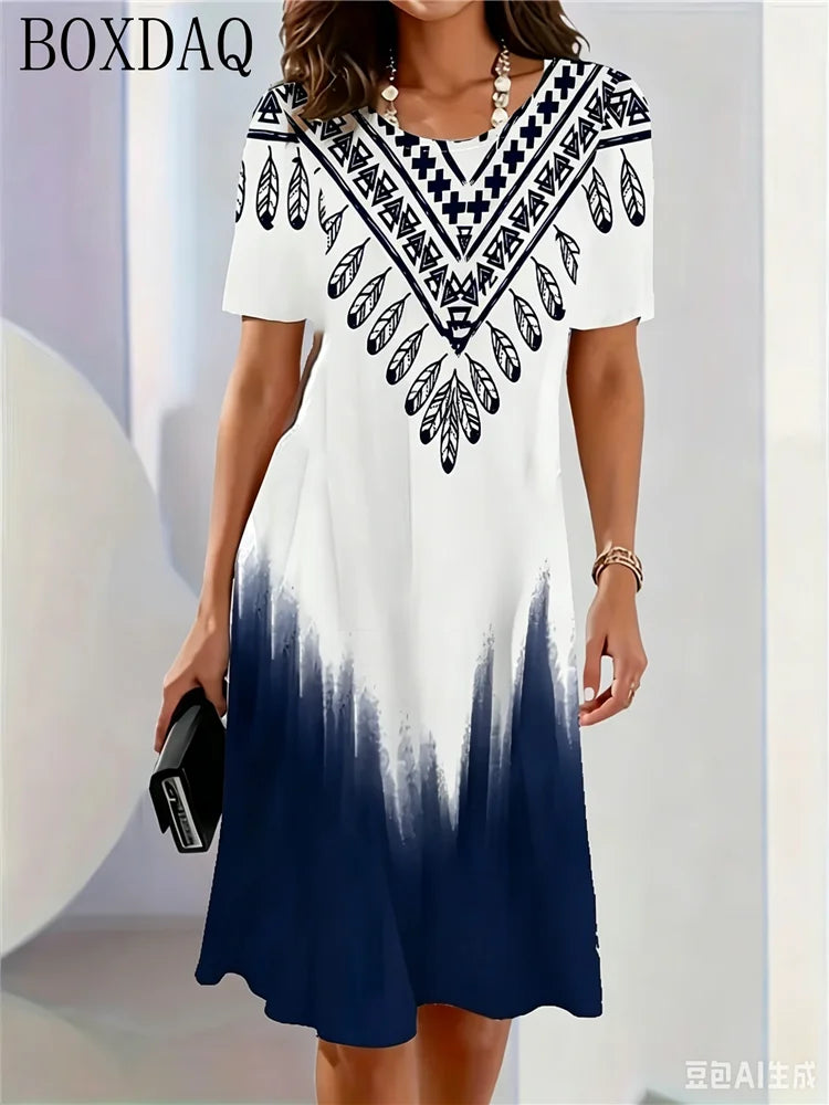 Retro Elegant Women's Summer Short-Sleeved O-Neck Casual Loose A-Line Dress 3D Digital Gradient Print New Dress