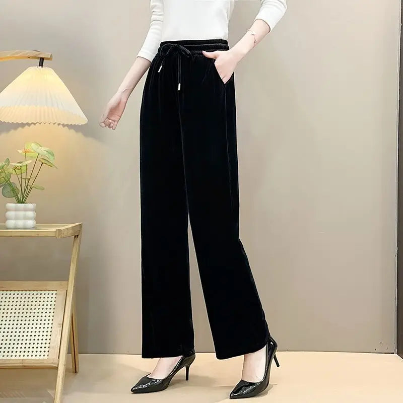 Women Drawstring High Waist Velvet Wide Leg Long Pants