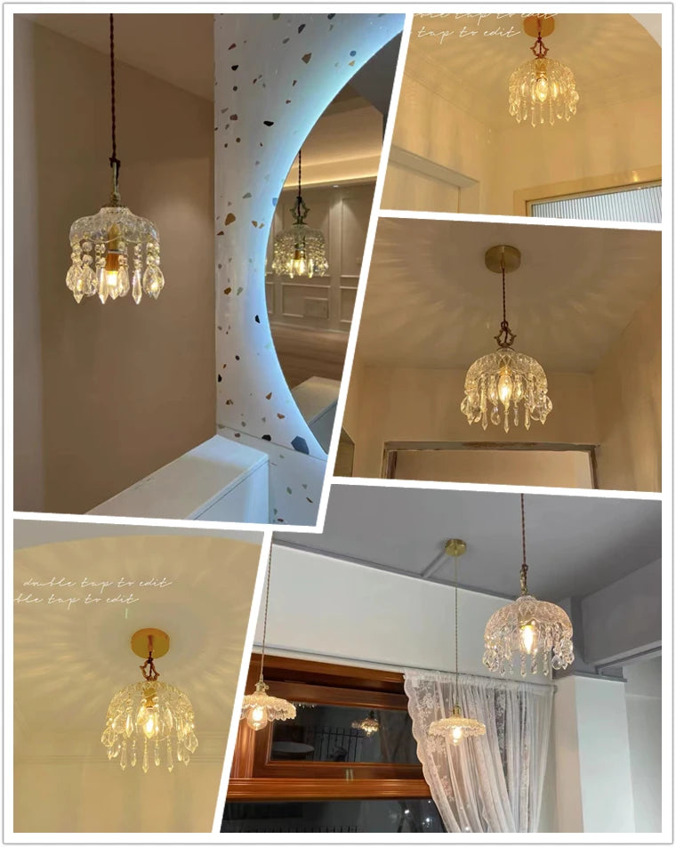 YEBMLP French Retro Glass Hanging Light Indoor LED Luxury Art Chandelier Bedroom Bar Restaurant Table Pendant Lamp With E14 Bulb
