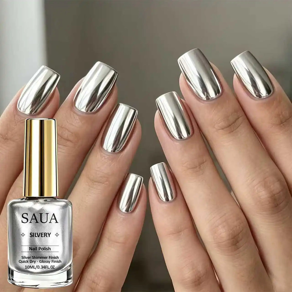 Silver Metallic Nail Polish—Quick-Drying, No UV Lamp Required, Mirror-Like Finish; the Perfect Choice for a Holiday Gift.