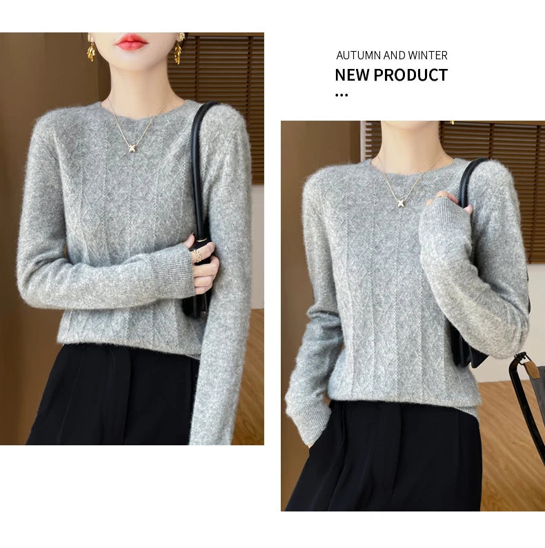 Fall/Winter 2024 New Women's Sweater 100% Pure Wool Lotus Collar Solid Color Loose Knitted Cashmere Pullover