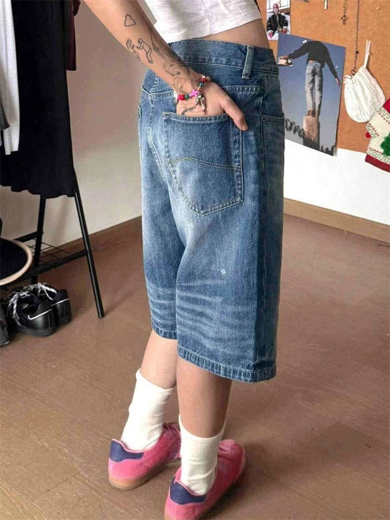 Women Denim Shorts Classic Denim Shorts Women's High Waisted  Jean Shorts Wide Leg Baggy Denim Jorts with Pockets Knee