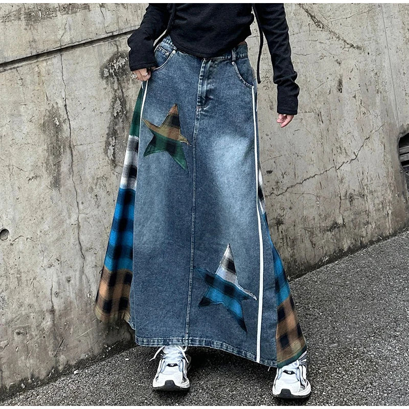 High Fashion Denim Skirt Women Elastic High Waist A-Line Long Skirt Female Colorful Patchwork Plaid Jean Skirt