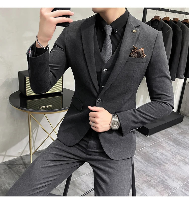Blazer Vest Pants Men's Navy Blue Suit Set Slim Fit Blazer Vest Pants Formal Outfit for Business Wedding Office Groom Party