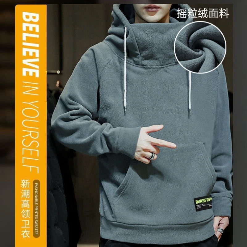 Men's Polar Fleece Sweatshirt Solid Color Street Style Autumn Winter Men Hood Sports Windproof Oversized High Collar Hoodie 5XL