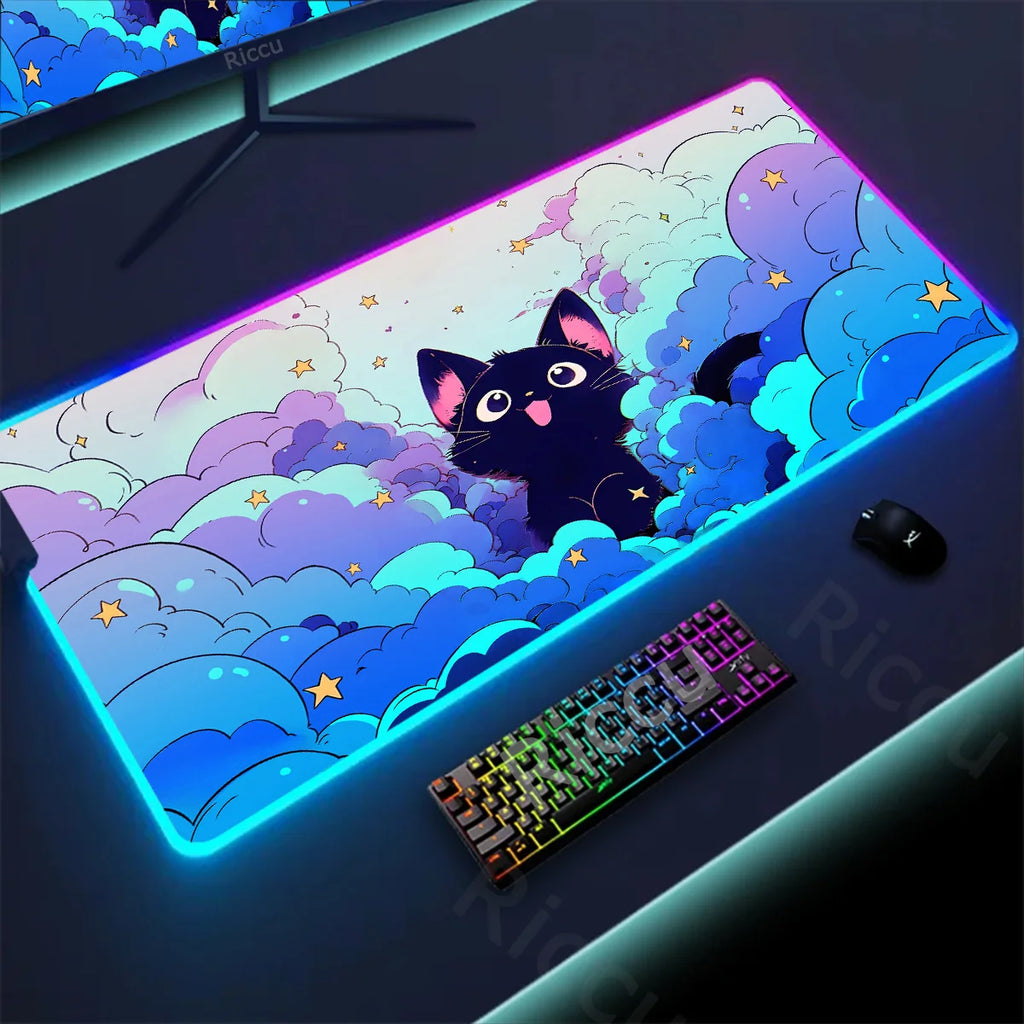 RGB Mousepad Pink Cloud Cat Cartoon Deskmat LED Backlight Gaming Keyboard Rug Computer Office Accessories Kawaii Anime Mouse Pad