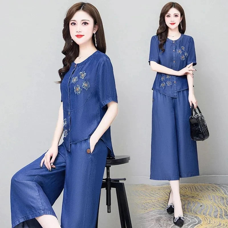 Ethnic Style Denim Wide Leg Pants Sets For Women Spring Summer NEW Embroidery Cowboy Jacket +Jeans Pants Suits Female Outfits