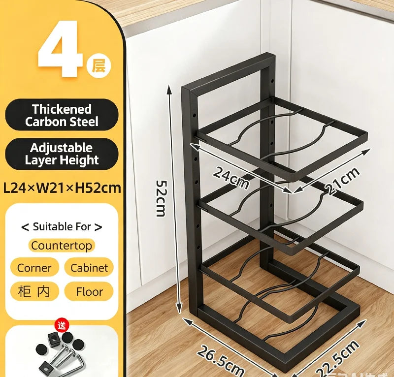 Adjustable Pot Rack Organizer, Kitchen Carbon Steel Pot Storage Rack, Multi-Layer Household Pot and Pan Organizer for Cabinet Un