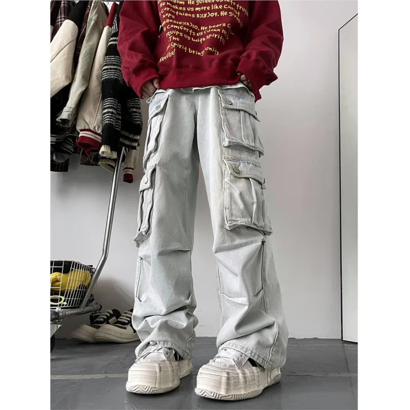 Cargo Jeans Men's Multiple pockets Patchwork Straight Casual Trousers Men Baggy Hip Hop Streetwear Loose Fashion denim Pants