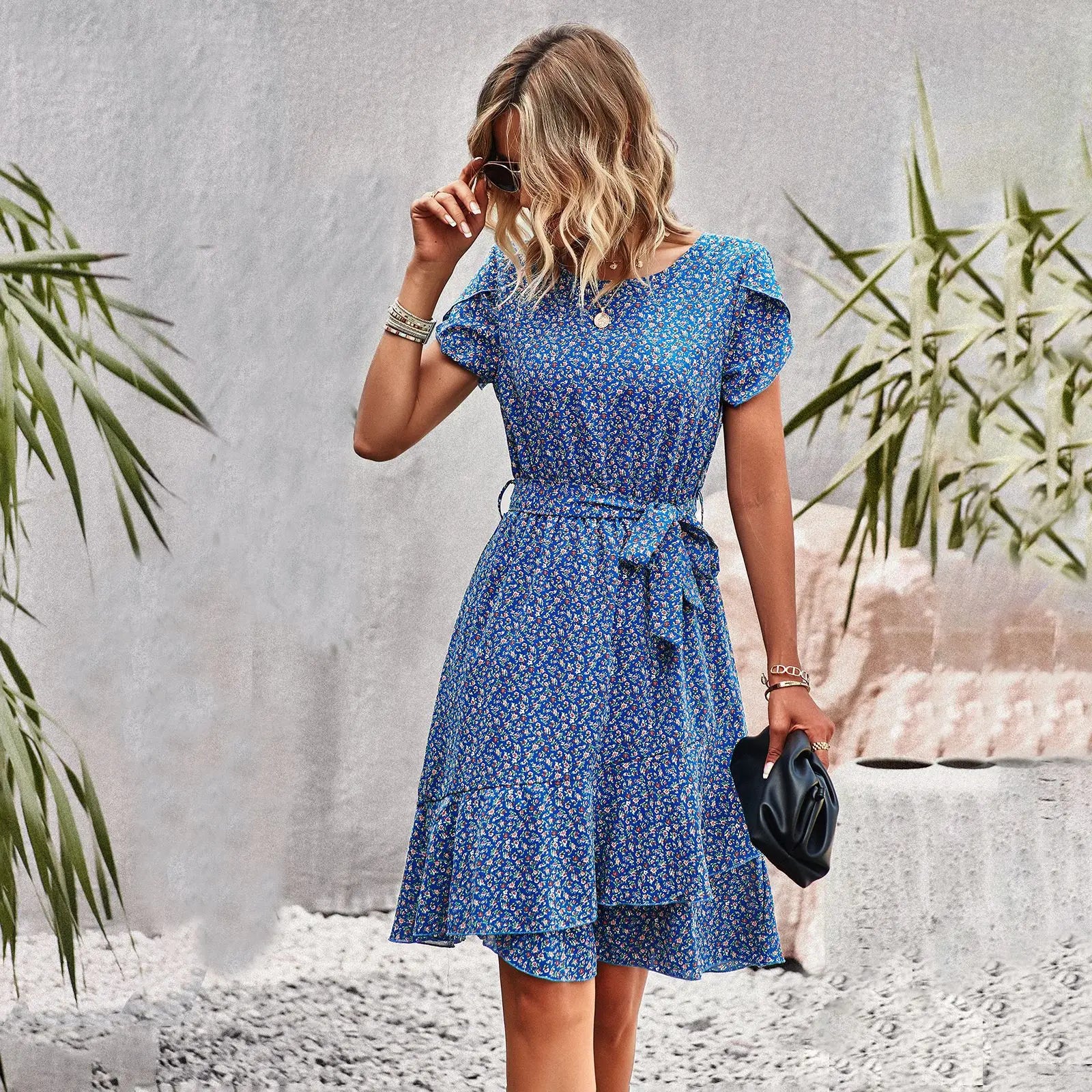 Msfilia Fashion O Neck Casual Printd Dress Women Summer Strap High Waist Pleated Dresses For Female
