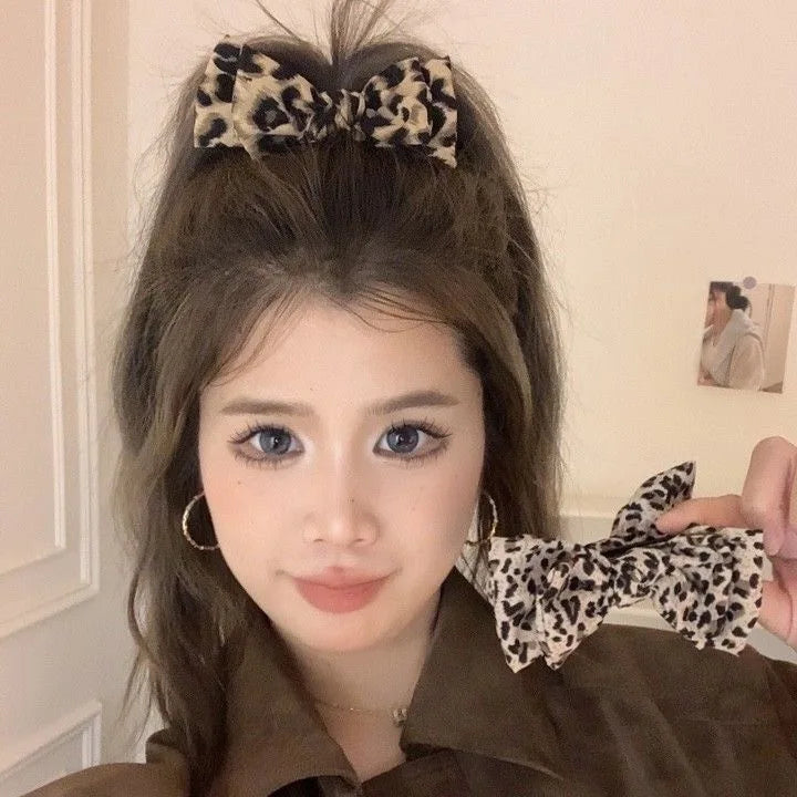 Leopard Print Bow Bun Hair Clip Women's Retro High Ponytail Hairpin, Back of Head Hair Bun Shark Clip