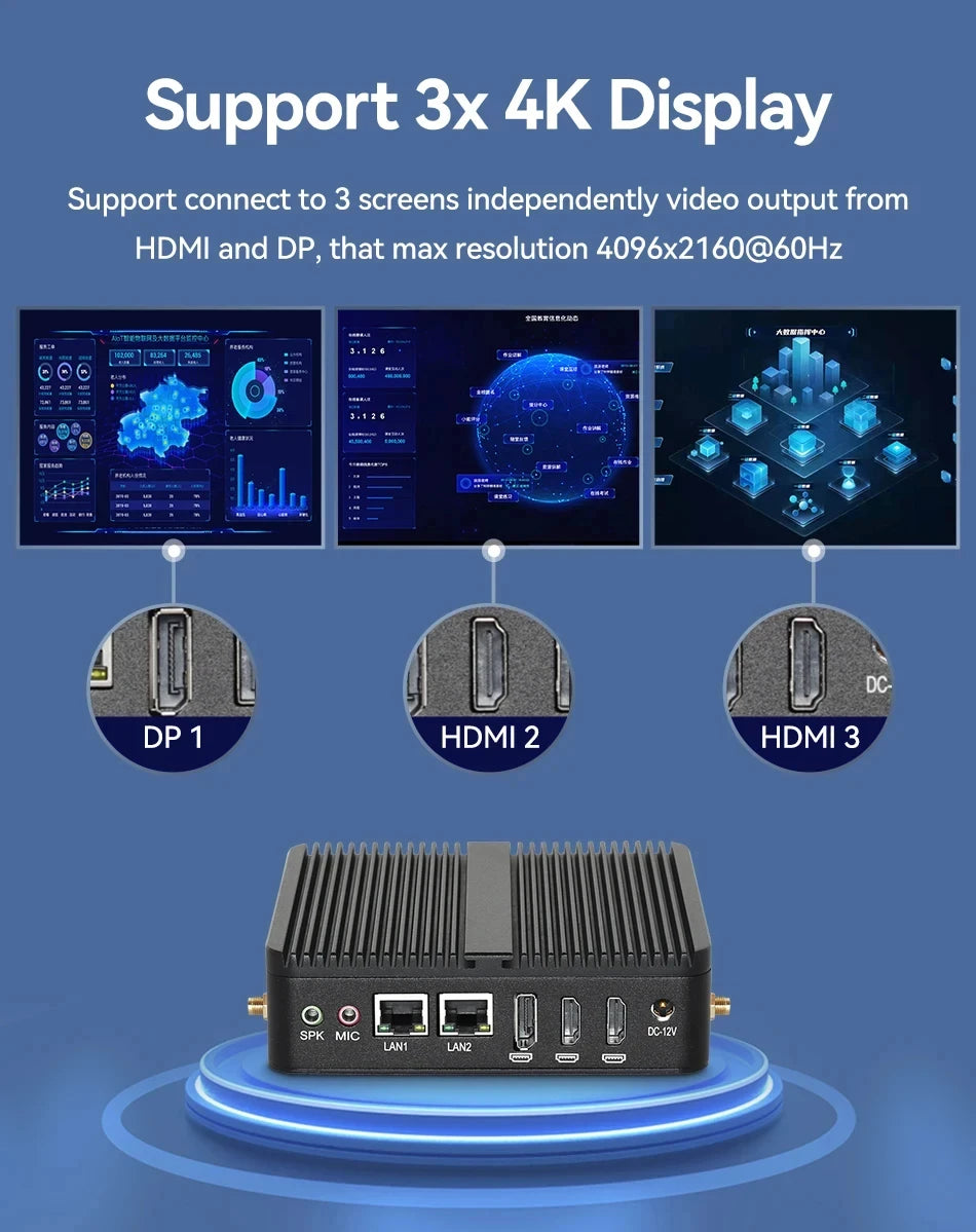 2LAN2COM Industrial Mini PC with Celeron J6412/N100 Support Windows10/11 Linux Pfense with 4xUSB 1xDP1.4 2xHDMI2.0 Computer