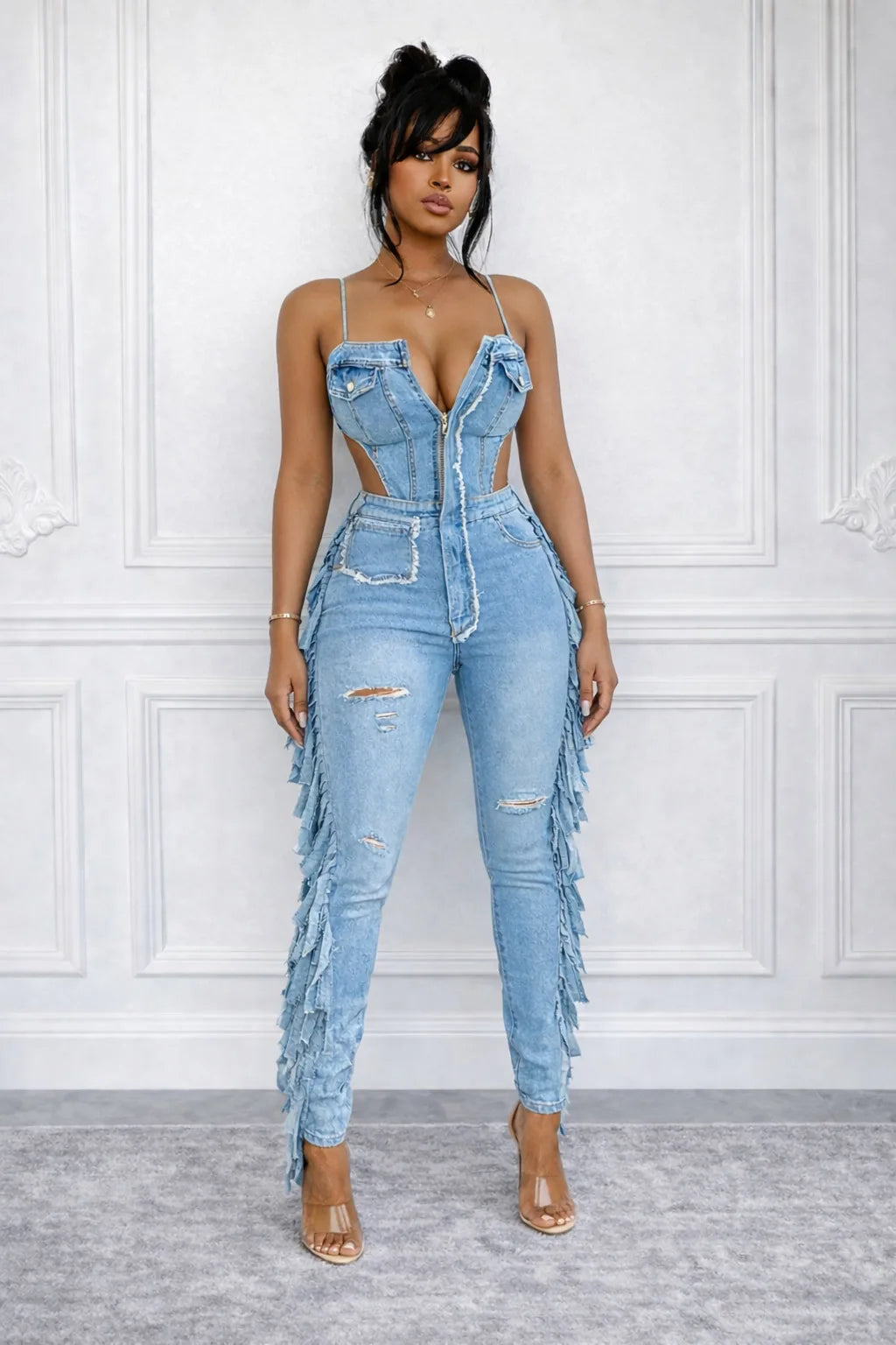 FAGADOER Fashion Hollow-out Bodycon Denim Jumpsuit Women Spaghetti Strap Tassel Patchwork Rompers Female Streetwear Overalls New