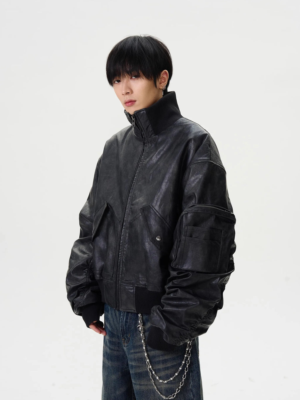 Mauroicardi Spring Autumn Cool Oversized Washed Black Pu Leather Bomber Jacket Men Zip Up Luxury Designer American Style Clothes