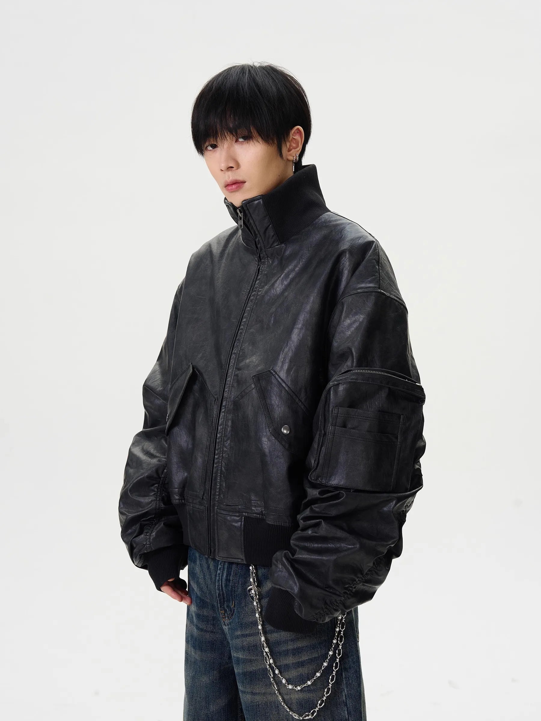 Mauroicardi Spring Autumn Cool Oversized Washed Black Pu Leather Bomber Jacket Men Zip Up Luxury Designer American Style Clothes
