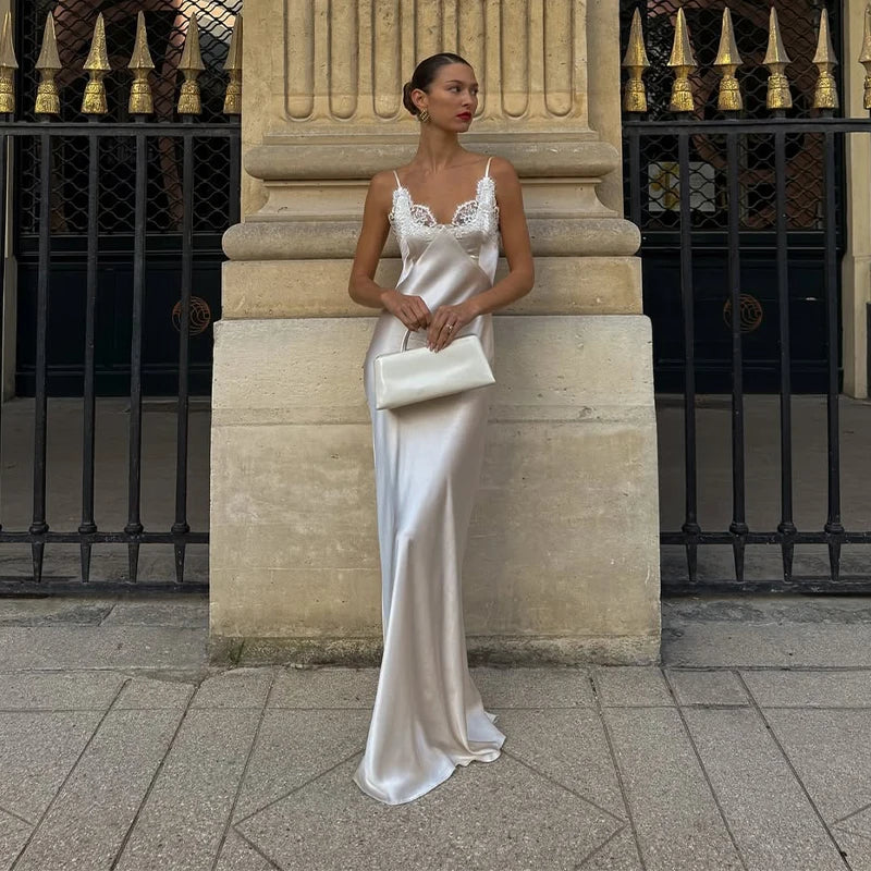 Women Elegant Satin Lace Trim Midi Dress Solid Lace Patchwork Short Sleeve V-neck Summer Dresses 2026 Summer New Holiday Robes