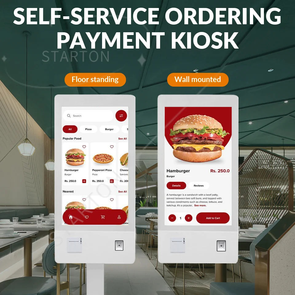 systems in restaurants and cafeterias 32-Inch interactive digital signage kiosk for self-service ordering and payment